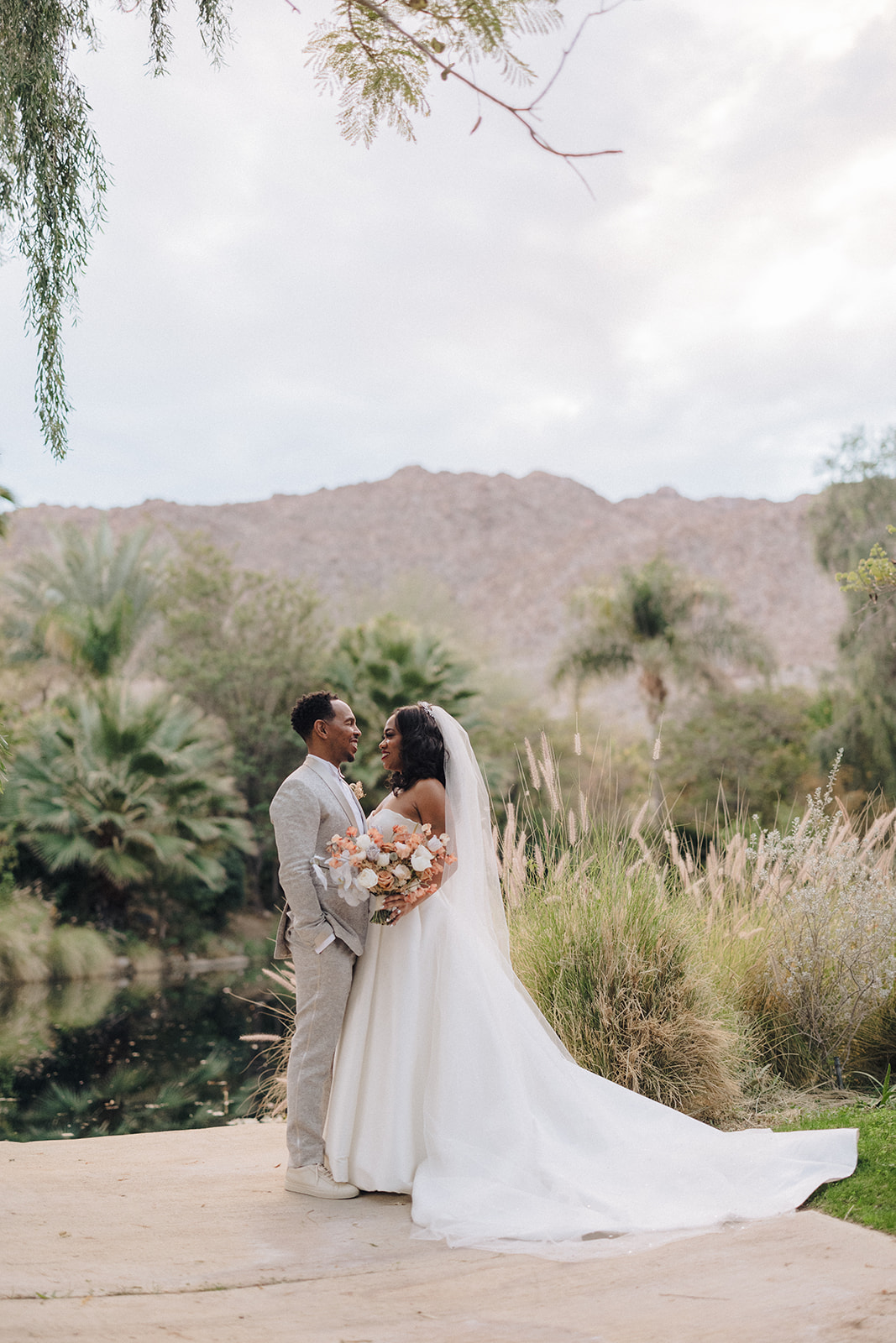 a bride and groom at their Southern California outdoor wedding venue.