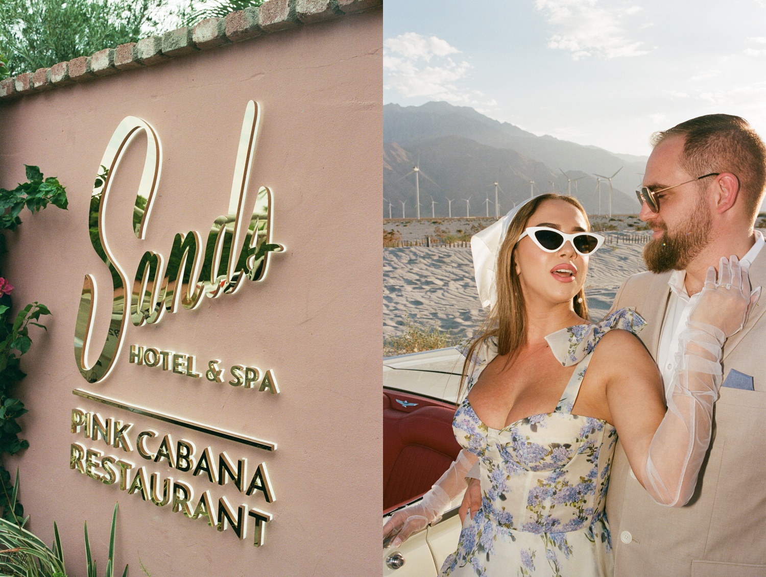 woman wearing a white with blue florals dress and man in a tan linen suit posing for their California engagement photos