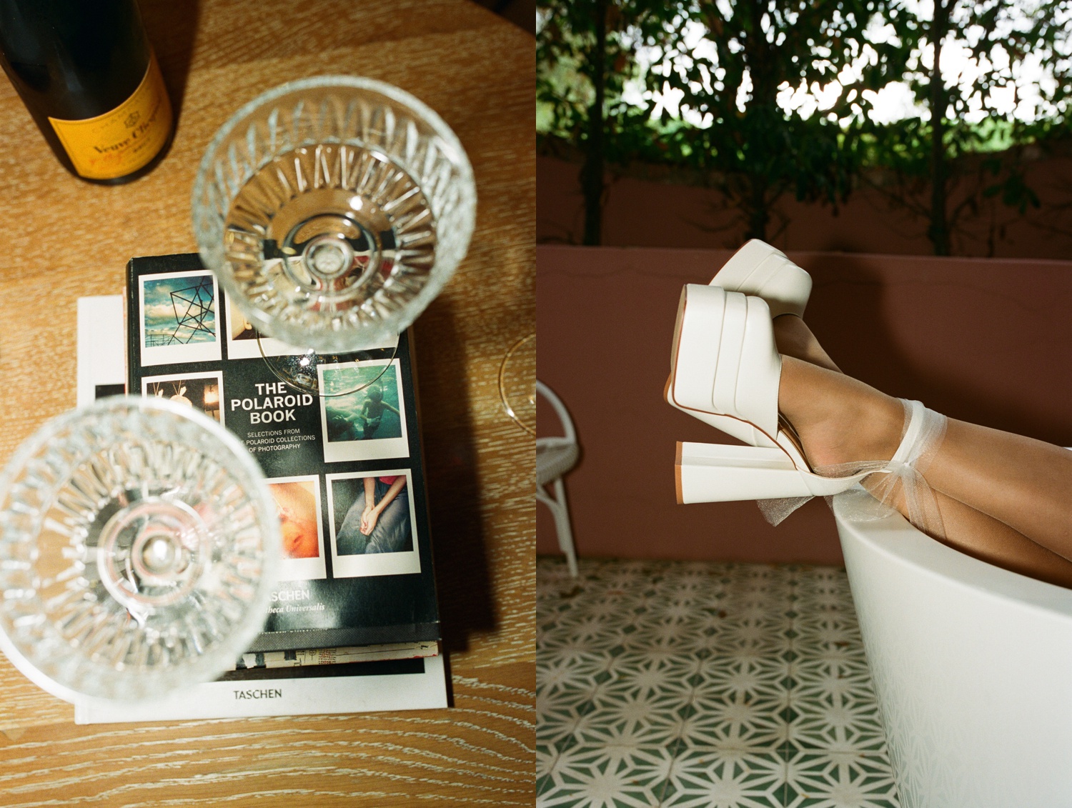 white platform shoes and a black polaroid for California engagement photos