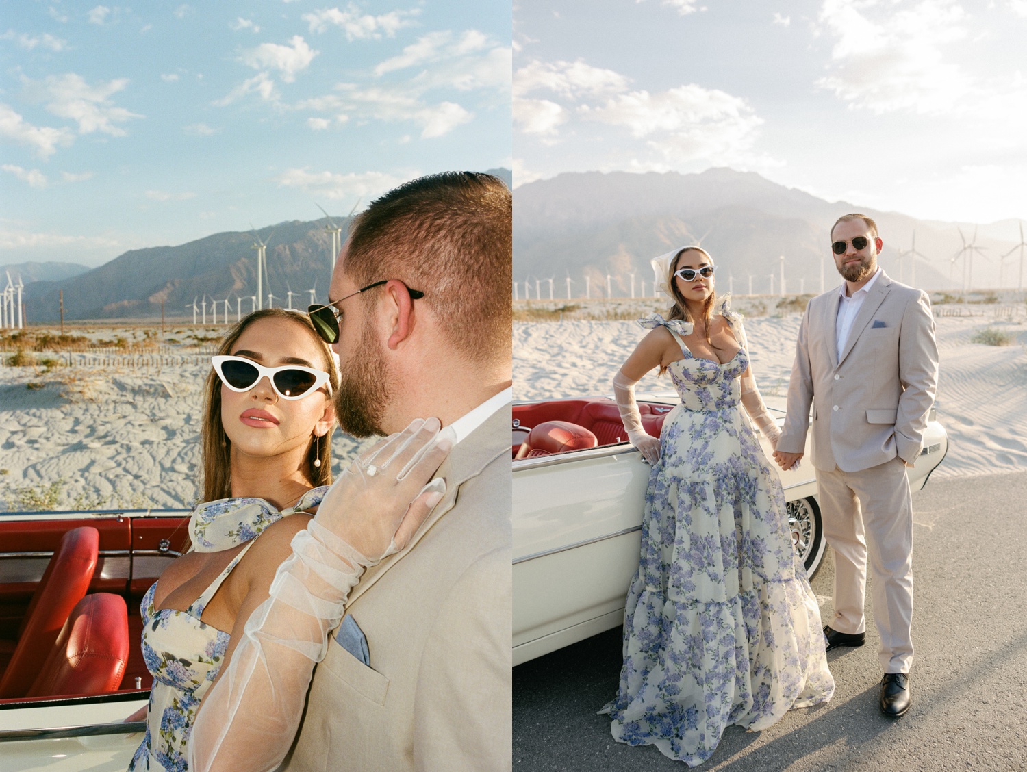 woman wearing a white with blue florals maxi dress and man in a tan linen suit posing for their California engagement photos