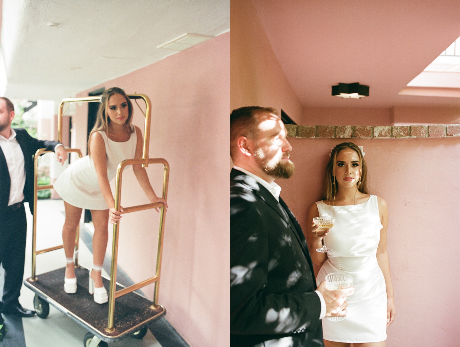 film photos of a woman in white mini dress and a man in a black suit for their California engagement photos