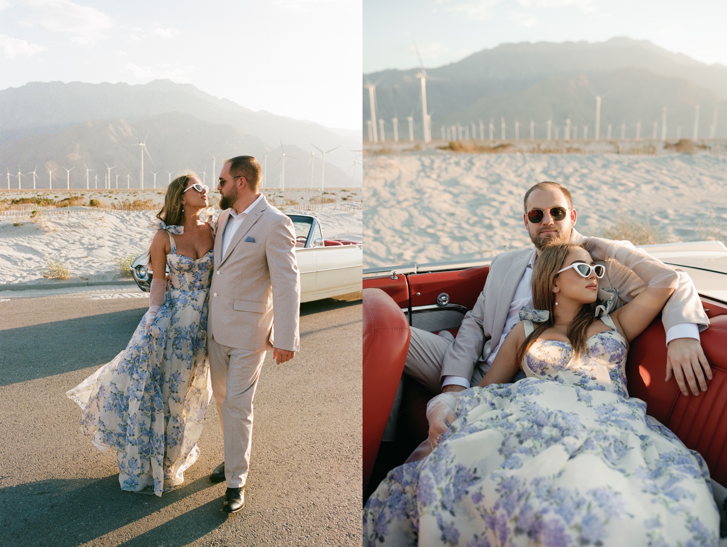 woman wearing a white with blue florals dress and man in a tan linen suit posing for their California engagement photos