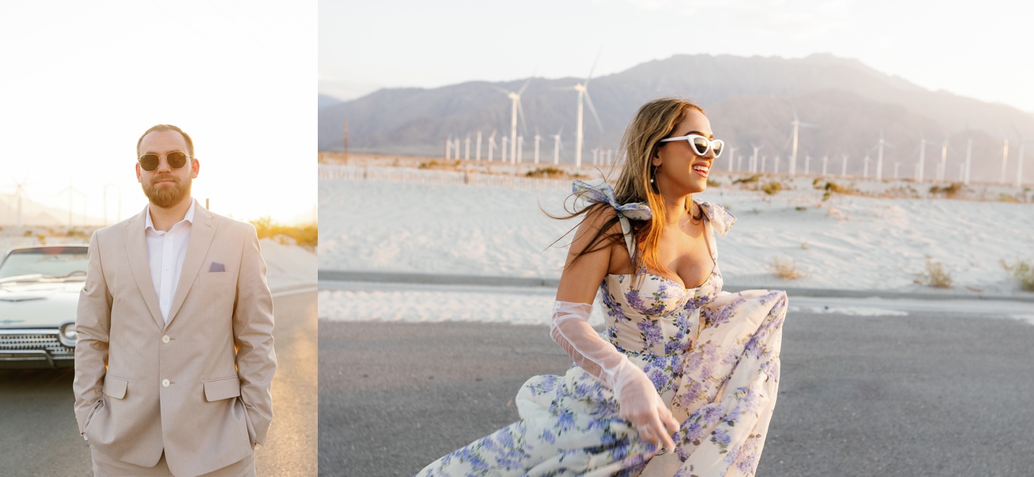 woman wearing a white with blue florals maxi dress and man in a tan linen suit posing for their California engagement photos