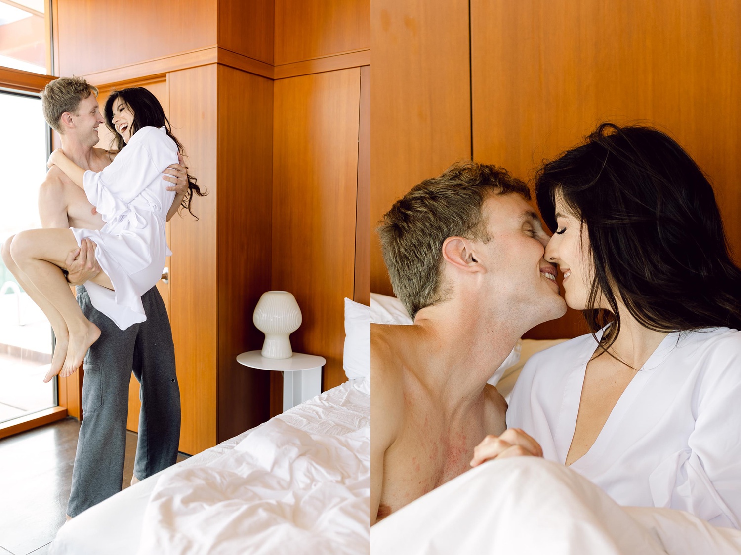 brunette woman and blonde man laughing and kissing for their Joshua tree engagement photos