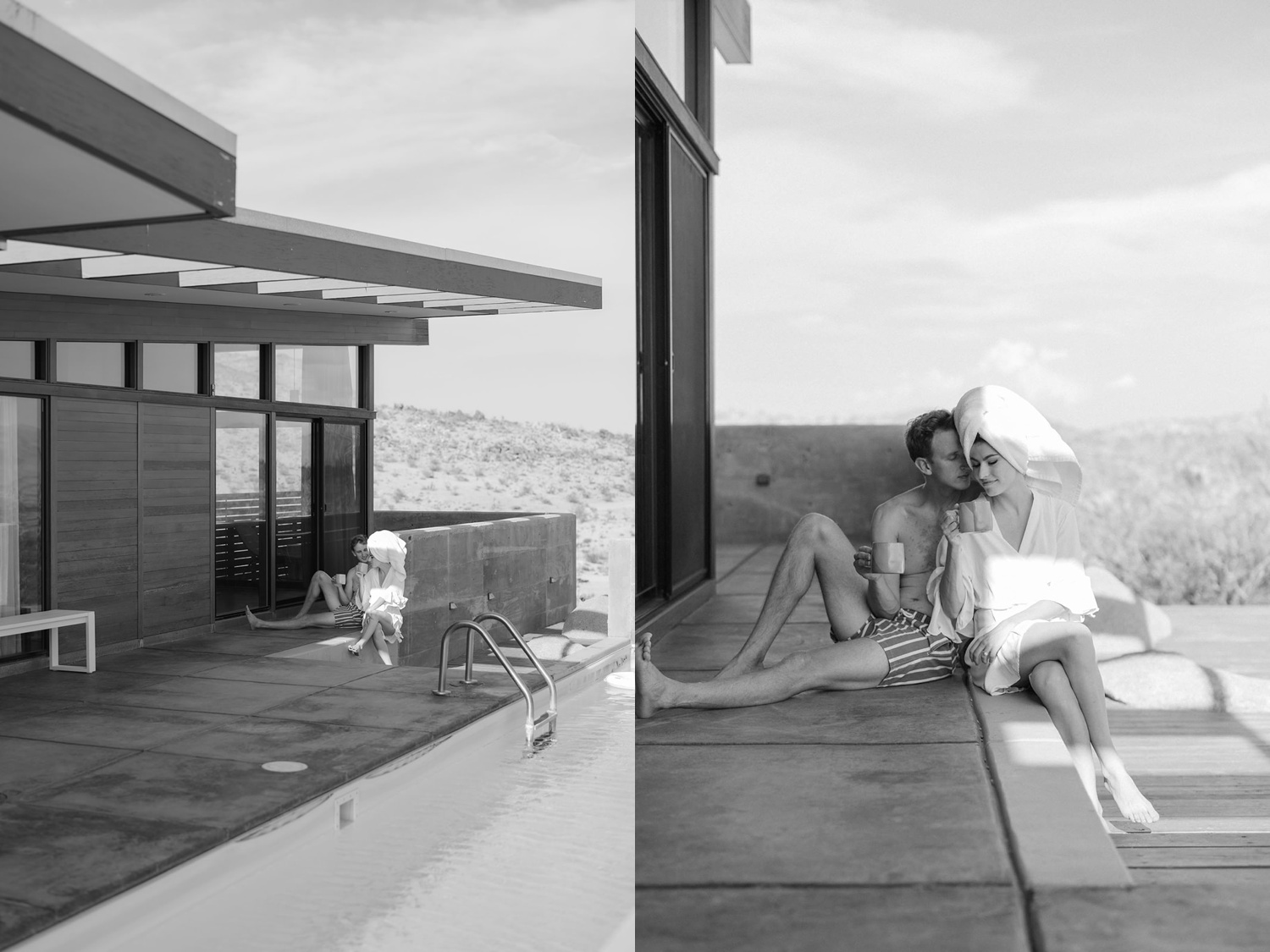 Black and white picture of a brunette woman and blonde man drinking champagne for their Joshua Tree engagement photos