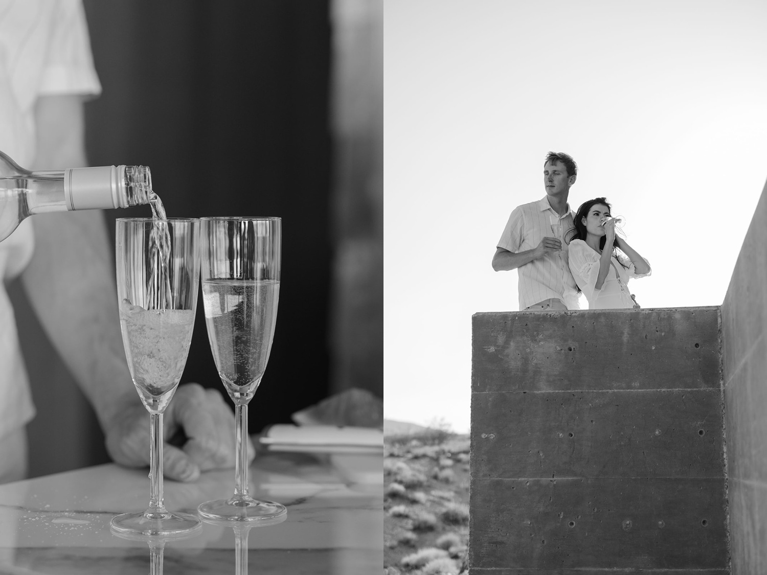 Black and white picture of a brunette woman and blonde man drinking champagne for their Joshua Tree engagement photos