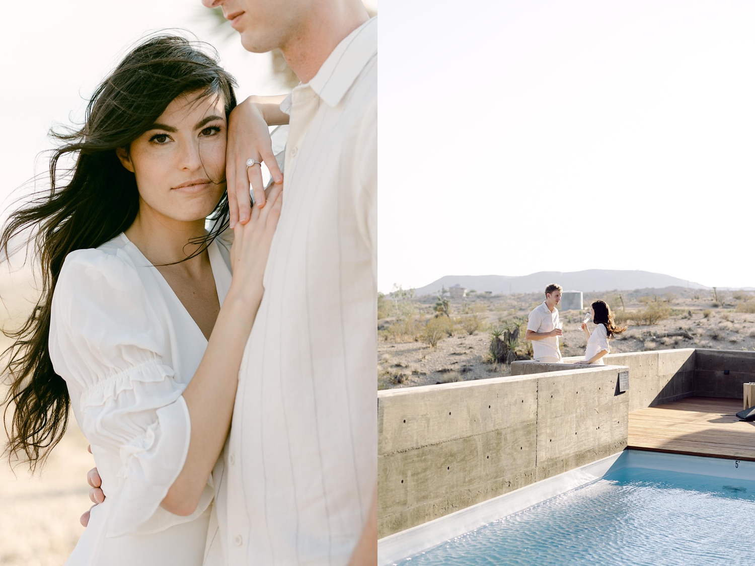 A brunette woman with a blonde male both dressed in all white for their Joshua tree engagement photos