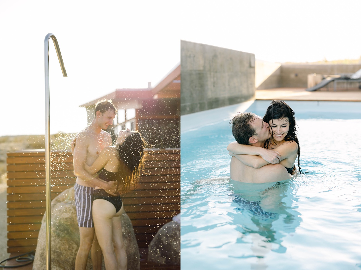 Brunette woman with a blonde male swimming in a blue pool for their Joshua tree engagement photos