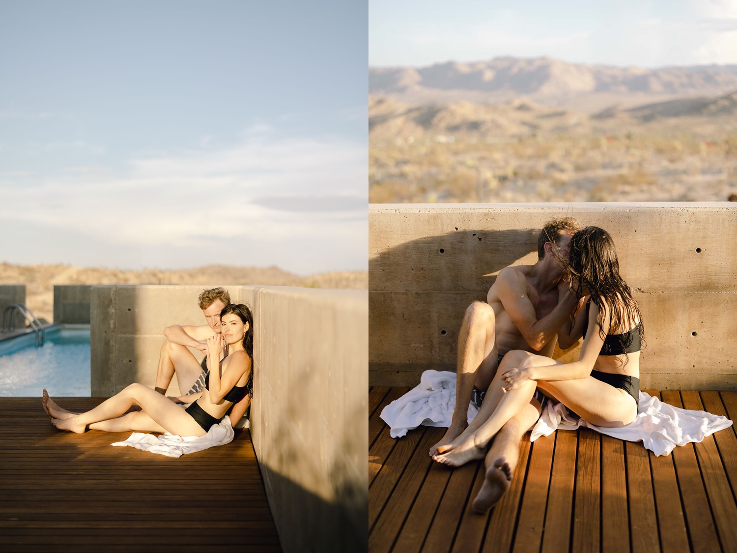 A brunette woman with a blonde male sitting on the brown wood porch for their Joshua tree engagement photos