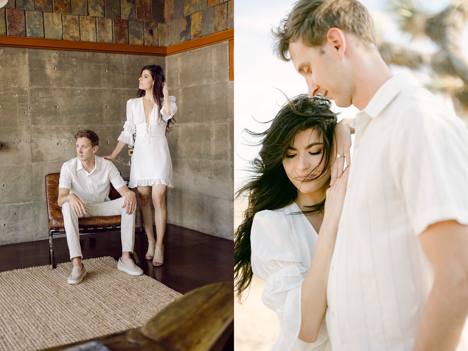 A brunette woman with a blonde male both dressed in all white for their Joshua tree engagement photos